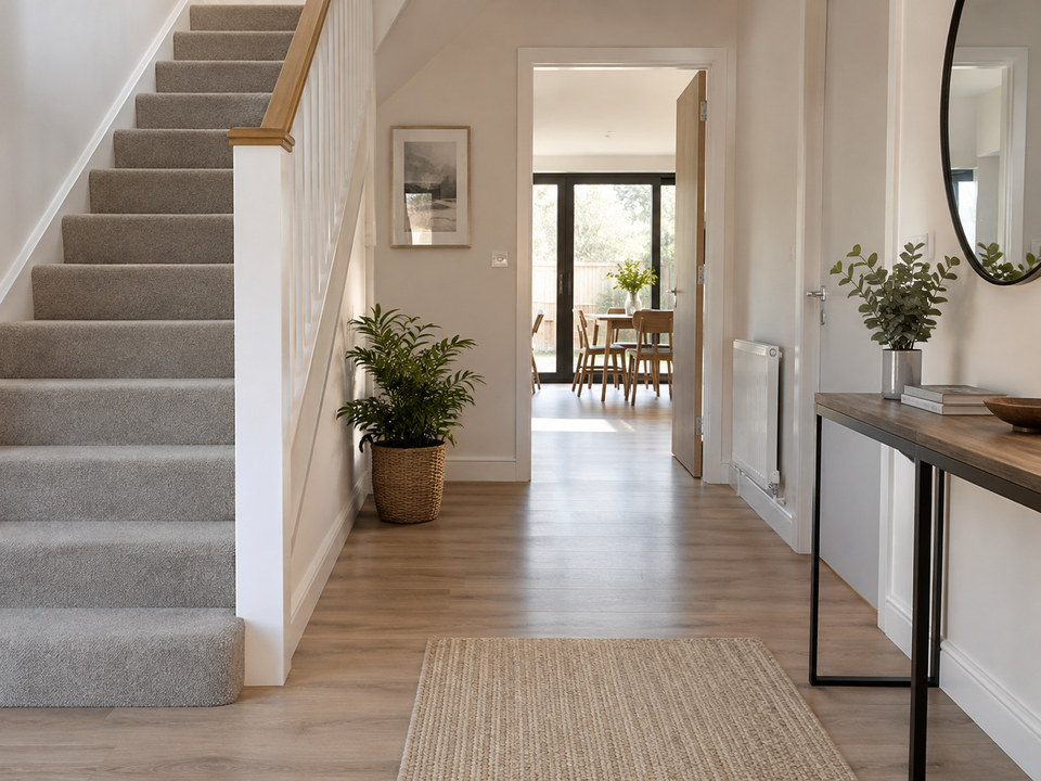 Aufgeräumter Flur mit Treppe, Boden in Holzoptik und einer schmalen Konsole.
