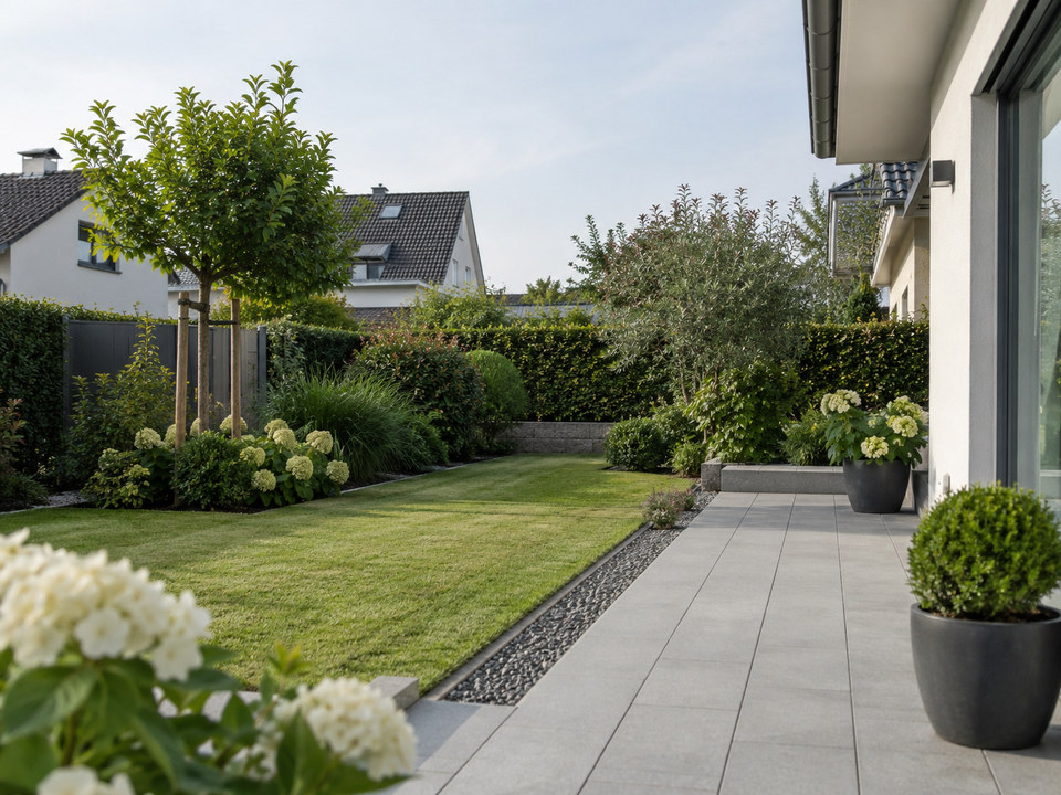 Kleiner Garten mit Rasenfläche, Sträuchern und einem gepflasterten Terrassenweg.